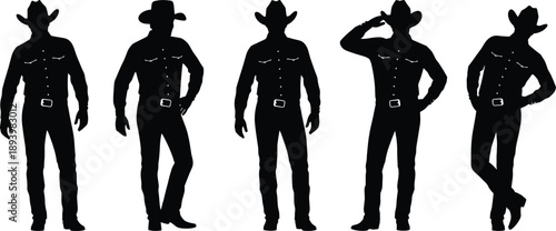 Cowboy silhouette icon set with western man poses wearing hat for rodeo, ranch and country style design