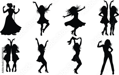 Dancing women silhouette icon set with party poses and energetic female dancer figures for celebration design