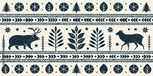 Winter forest animals in festive pattern with bear and deer