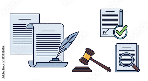A stylized illustration of legal documents, a quill pen, gavel, and magnifying glass.