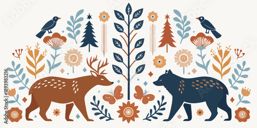 Vibrant forest scene with deer and bear amidst colorful flowers and trees