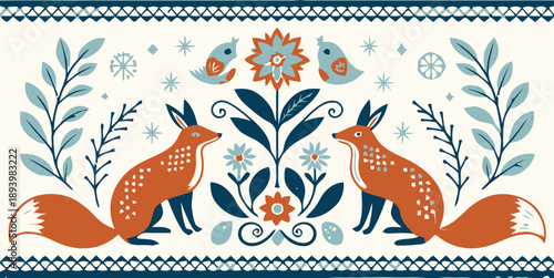 Whimsical forest scene with two foxes and floral elements in blue and orange hues