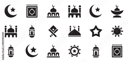 Islamic icon set for ramadan and eid celebrations with mosque crescent moon star and lanterns silhouettes