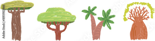 Garden or wild forest trees in hand drawn cartoon doodle style made from pencil, marker or chalk crayon. Set scribble vector illustration background for children book.
