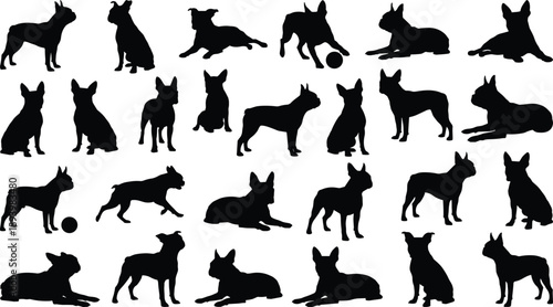 French bulldog silhouette set showing multiple dog poses and activities, black isolated pet figures for design, illustration, branding, and animal themed projects