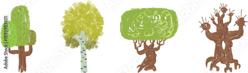 Garden or wild forest trees in hand drawn cartoon doodle style made from pencil, marker or chalk crayon. Set scribble vector illustration background for children book.