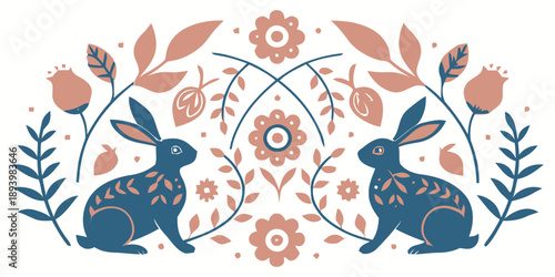 Adorable rabbits surrounded by vibrant floral patterns and leaves