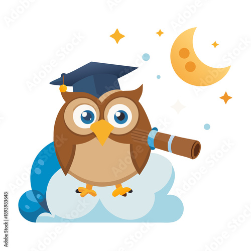 A wise owl with a graduation cap looking through a telescope at a tiny glowing crescent moon tucked behind a cloud.