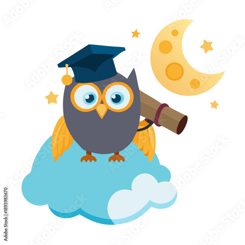 A wise owl with a graduation cap looking through a telescope at a tiny glowing crescent moon tucked behind a cloud.