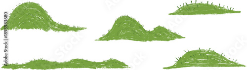 Green hill nature landscape field or island in hand drawn cartoon doodle style made from pencil, marker or chalk crayon. Set scribble vector illustration background for children book.