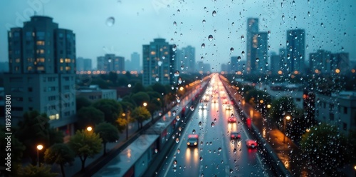 Rain drops on glass window with blurred cityscape in background, creating a calm and cozy atmosphere perfect for a rainy day , tranquility, cityscape
