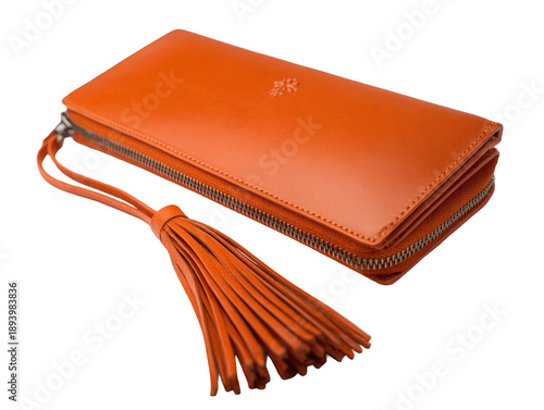 Orange leather wallet with tassel.  Zippered closure