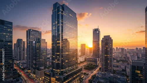Capturing a Modern City Skyline at Sunset in Busy Urban Nightfall