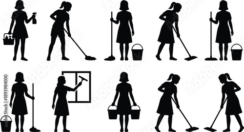 Housekeeping woman silhouette set showing cleaning tasks, domestic service poses, black isolated figures with tools for home care illustration and service design