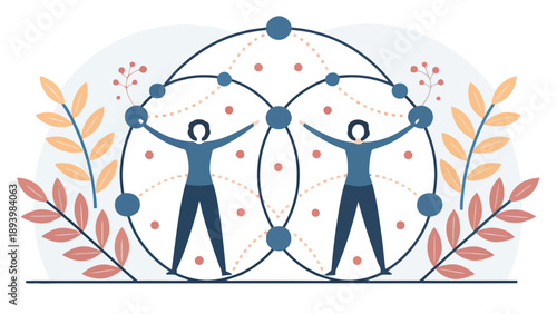 Two people connecting through dynamic network of lines and dots in modern illustration