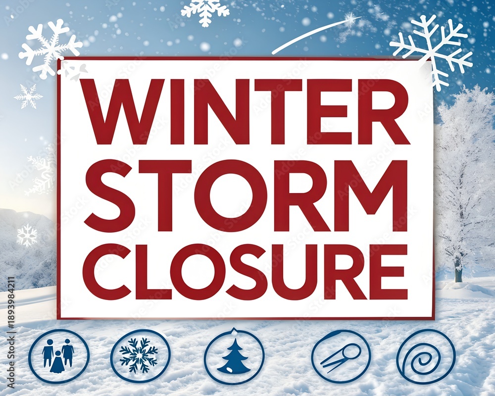 Winter storm closure sign with falling snowflakes and thematic icons, isolated on white background
