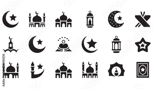 Muslim religious symbols bundle featuring mosque architecture moon stars and decorative lantern elements