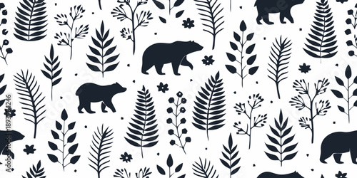 Black bears and forest foliage in minimalist design pattern