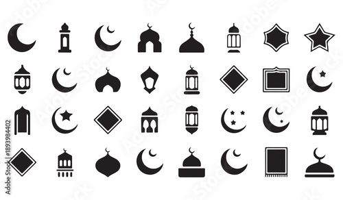 Ramadan kareem icon collection with crescent moon stars mosque architecture and traditional lamps design