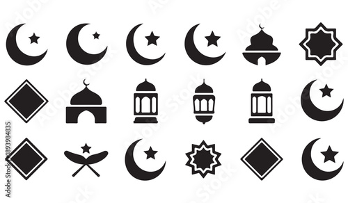 Islamic ramadan and eid symbol set including crescent moons, stars, mosques, and lanterns