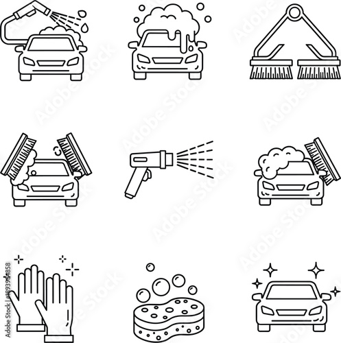 Professional black line vector icons for car wash services automobile detailing and vehicle maintenance।