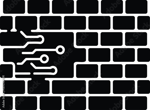 Brick Firewall Wall with Digital Protection Concept, Network Firewall Security Silhouette Vector
