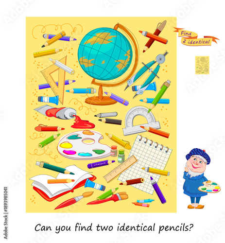 Can you find two identical pencils? Logic puzzle for children and adults. Game Seek and Find. Page for kids brain teaser book. Task for the most attentive. IQ test. Hand drawn vector illustration.
