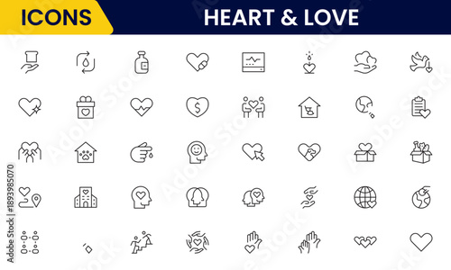 Heart, love, care, help, charity, and donation outline icons are set isolated on a white background in a flat vector illustration.