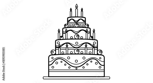 Multi-tiered birthday cake with lit candles illustration.