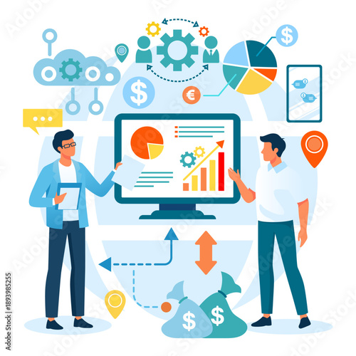 Two people discussing business trends while looking at screen. They showing graphs and charts. Tools and icons surrounding them. Analytics and decision making concept