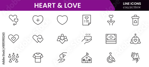 Heart, love, care, help, charity, and donation outline icons are set isolated on a white background in a flat vector illustration.