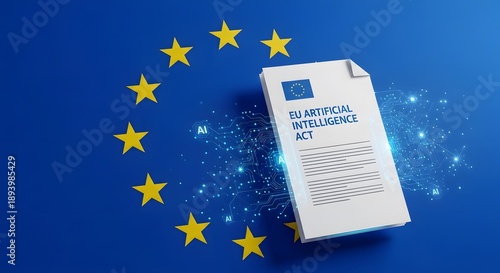 The EU Artificial Intelligence Act document on the European Union flag. Concept of new AI regulation, governance, and legal frameworks in Europe