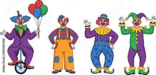 Colorful cartoon clown characters set with circus costumes, balloons and playful poses isolated on white background vector illustration for kids entertainment, party design collection