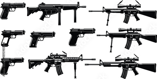 Comprehensive collection of black and white silhouettes featuring various modern firearms including handguns assault rifles submachine guns and sniper rifles for tactical military design projects