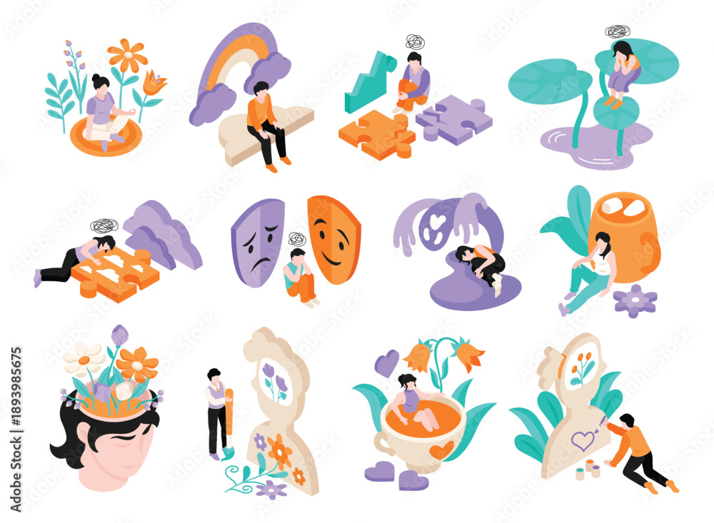 Naklejka premium Mental health original elements set in isometric illustration
