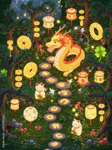 Gold Dragon, Cat, Lanterns, And Coins In Magical Forest With Pathway