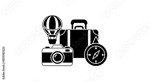 Black and white travel icons showcasing exploration and adventure theme artwork style design
