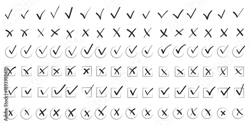 Check tick mark icon set. Cross box x check mark checkbox v list draw hand drawn sketch doodle brush marker checklist symbol wrong right circle. Illustration