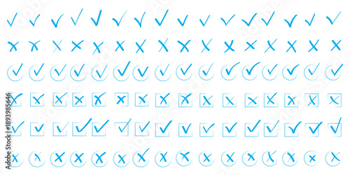 Check tick mark icon set. Cross box x check mark checkbox list vector draw hand drawn sketch doodle brush marker checklist symbol wrong right circle. hand drawn, grunge X sign. hand drawn tick