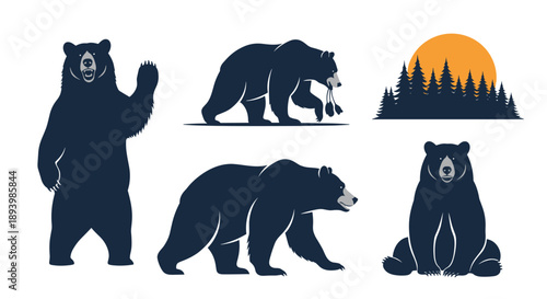 Collection of dark blue bear silhouettes in various poses alongside a forest tree line against a golden sunset.