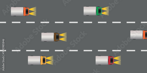 Top view vector illustration of a multi-lane highway filled with colorful trucks and lorries moving in traffic.