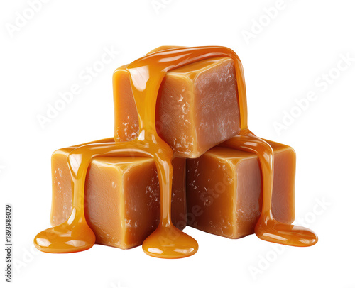 Three caramel candies stacked, drizzled with caramel sauce