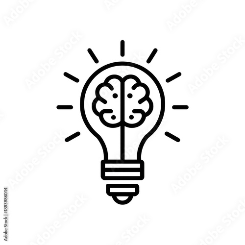 Simple, black line drawing of a lightbulb with a brain inside