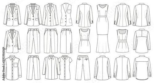 Fashion Design Sketches of Jackets and Dresses.