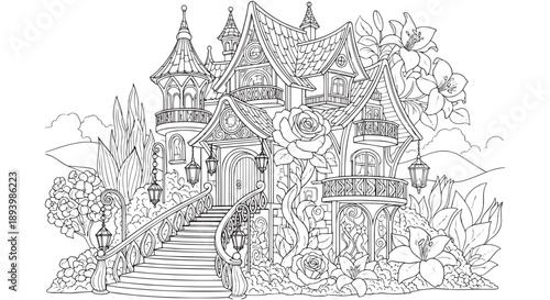 Whimsical Fairy Tale Mansion Coloring Page with Enchanted Garden and Floral Details