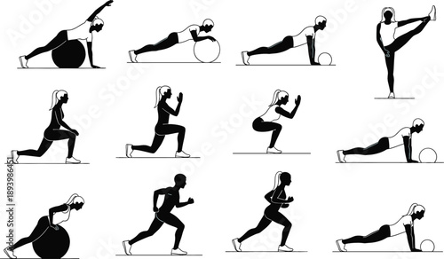 Collection of fitness exercise silhouettes featuring women doing yoga, pilates, and gym workouts with stability balls and bodyweight training icons for health apps.