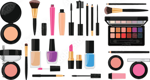 Comprehensive collection of makeup and cosmetics vector icons including lipstick eyeshadow palette nail polish mascara brushes and foundation for beauty salon branding and fashion design.