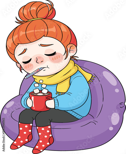 Cute cartoon girl with fever sitting in bean bag chair holding hot chocolate mug with marshmallows while wearing scarf and polka dot socks for winter illness concept.