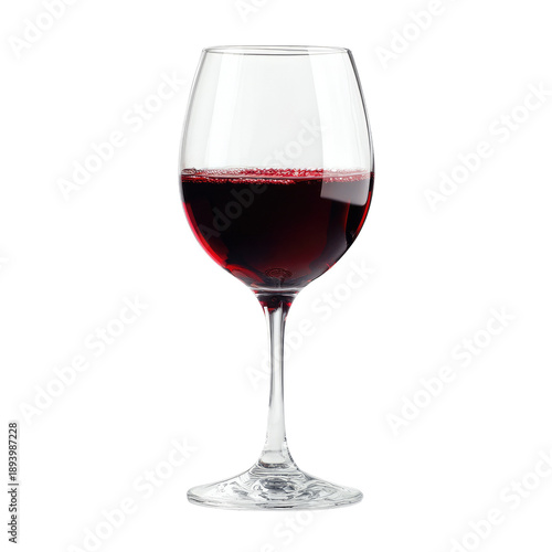 Wine glass filled with red wine.  Clear glass with a stemmed base, wide bowl.  Dark red liquid, visible bubbles