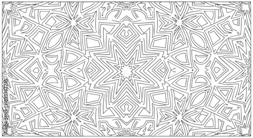 Geometric Star Mandala Coloring Page with Intricate Kaleidoscope Linear Patterns